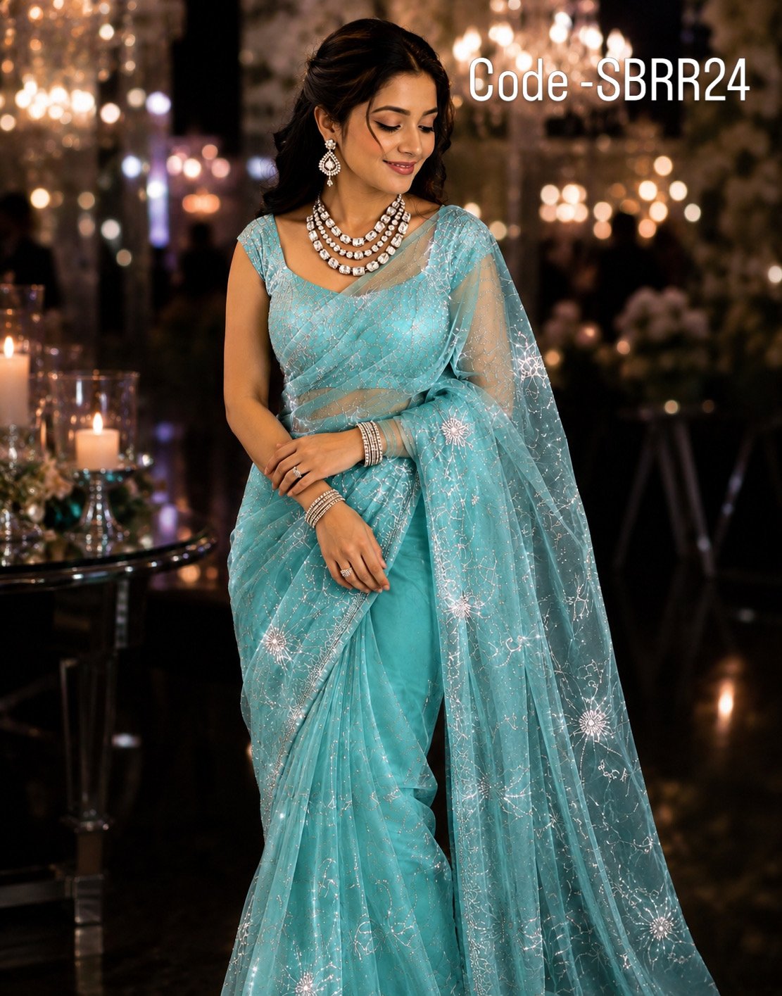 Aqua blue net saree