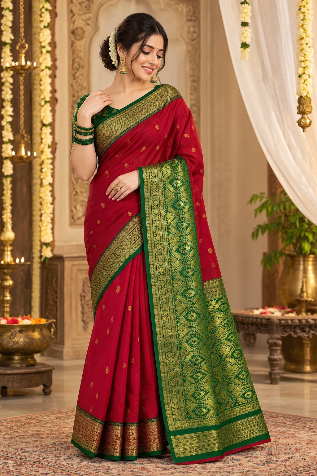 Banarsi saree red and green